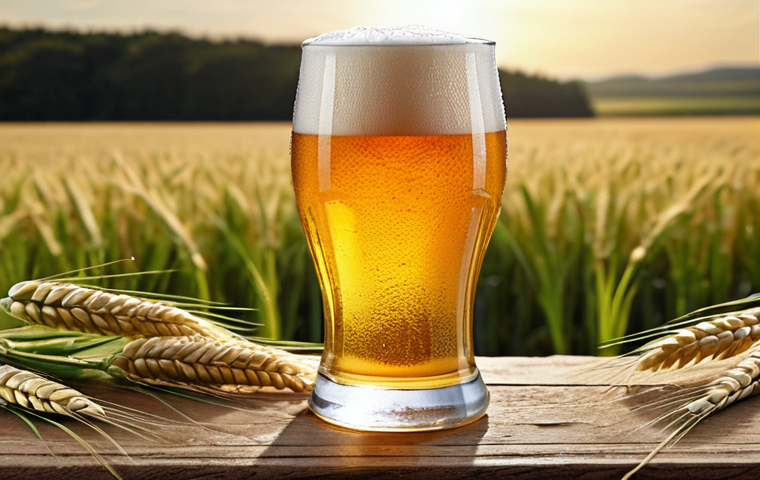 **
A glass of golden lager beer with effervescent bubbles, showcasing its clear and transparent appearance. In the background, a field of ripe barley suggests the beer's origins. The overall impression is refreshing and visually appealing.
**