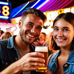**A vibrant craft beer festival scene, bustling with young adults taking Instagram-worthy photos. Neons lights illuminate the background and food stalls. A couple holds a special edition collaboration beer, smiling and making eye contact with the camera. Focus on colors and energy of the scene.**