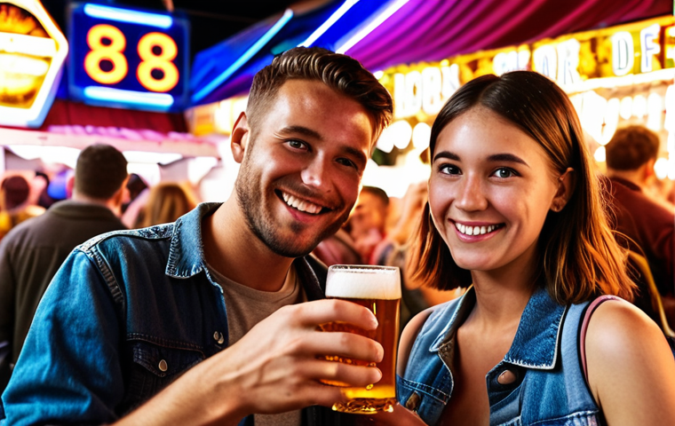 **A vibrant craft beer festival scene, bustling with young adults taking Instagram-worthy photos. Neons lights illuminate the background and food stalls. A couple holds a special edition collaboration beer, smiling and making eye contact with the camera. Focus on colors and energy of the scene.**
