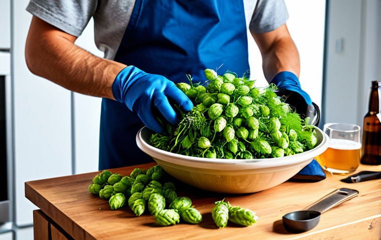 DIY Beer Creation**
A person wearing gloves and an apron, carefully adding hops to a brewing kit in a well-lit, modern kitchen. The scene includes various brewing tools and ingredients, showing the process of making beer at home. fully clothed, safe for work, appropriate content, perfect anatomy, natural proportions, professional photography, family-friendly.
**