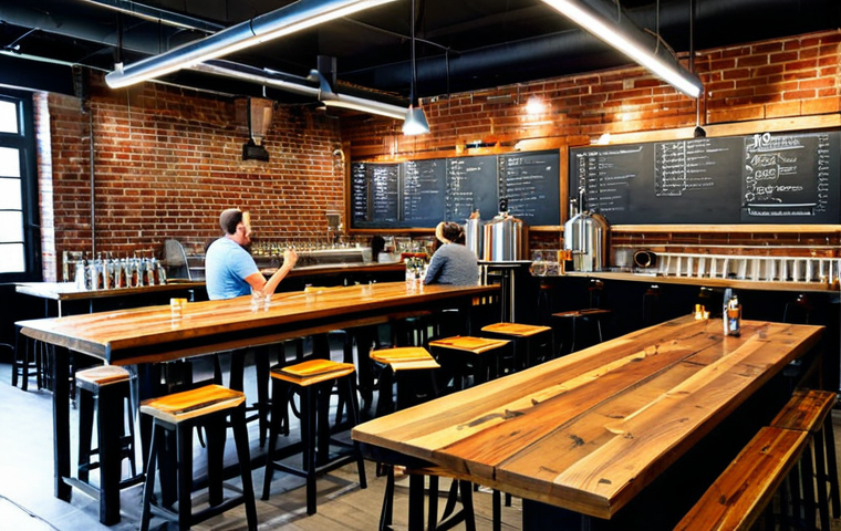 브루어리와 프랜차이즈 - Craft Brewery Scene**
A brightly lit craft brewery interior, featuring stainless steel brewing equi...