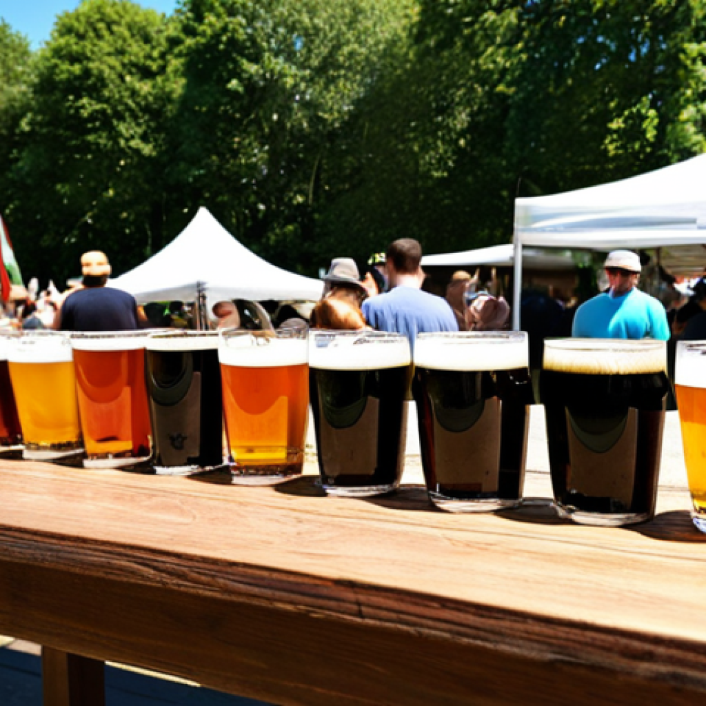 수제맥주 브랜드의 역사 - **A wide selection of diverse craft beers displayed on a wooden table at an outdoor beer festival, f...