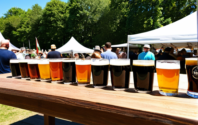 수제맥주 브랜드의 역사 - **A wide selection of diverse craft beers displayed on a wooden table at an outdoor beer festival, f...