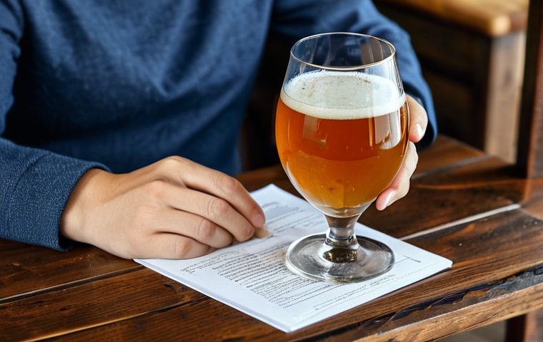 수제맥주 브랜드의 역사 - **A cozy, modern brewery interior, stainless steel tanks in the background, a brewer carefully inspe...